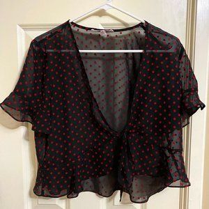 BCBG Generation Sheer Black Top with Red Polka Dots